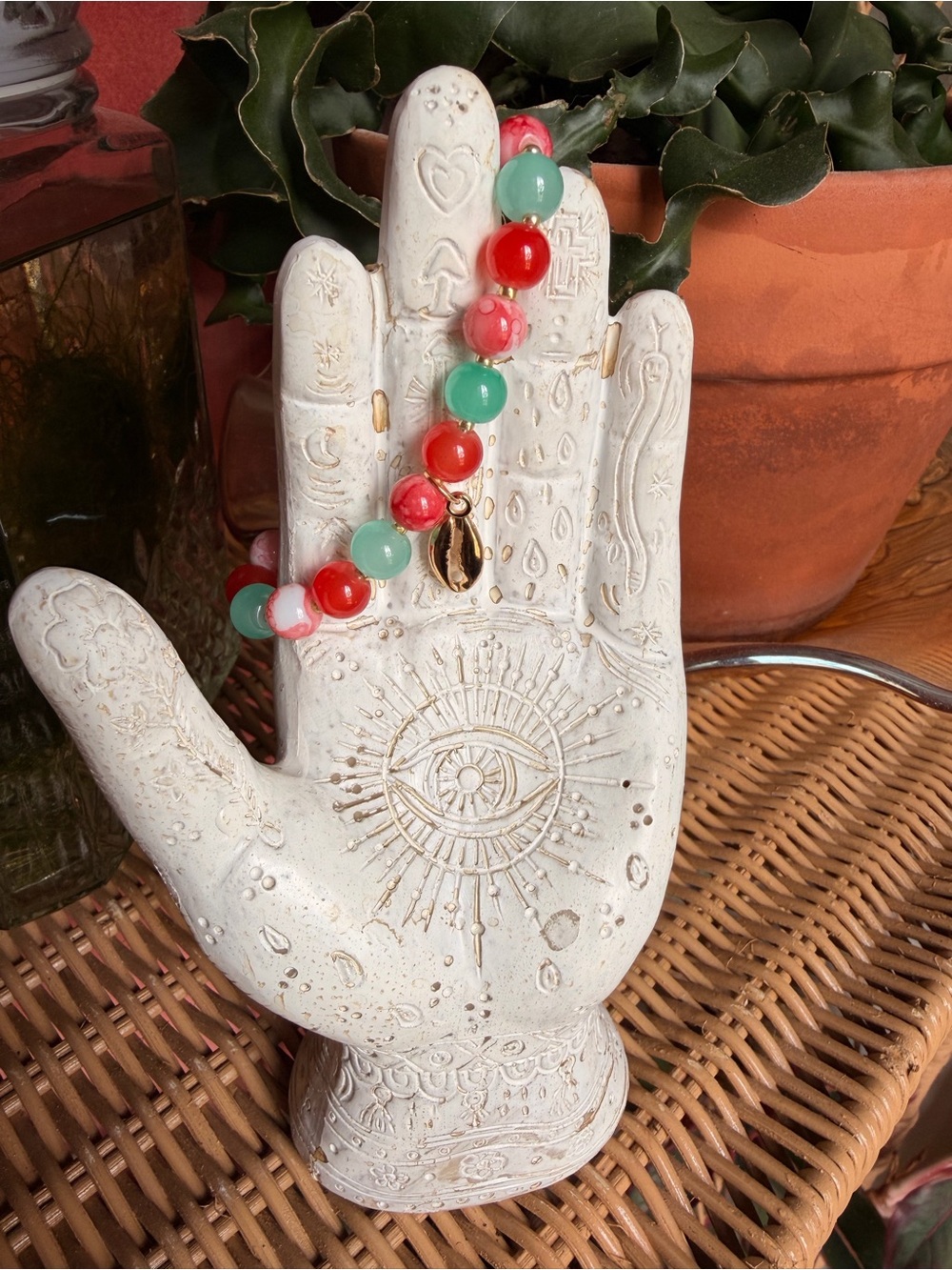 Beachy Handmade Coral & Teal Glass Beaded Bracelet with Gold Plated Beads Charm